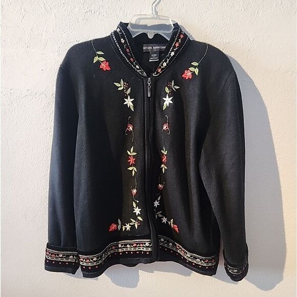 Vintage Wool Blend Cardigan Sweater Embroidered Flowers Christmas Black Red Zip - Picture 1 of 5